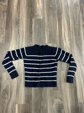 Navy Wool Blend Button Cardigan with White Stripe
